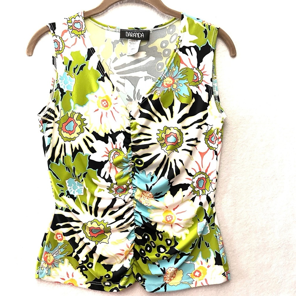 Vintage Baranda Y2K Small‎ S Green Floral Rouched 90's Babydoll Baby Tee Top